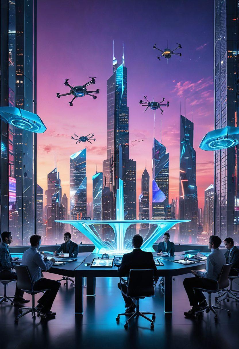 A futuristic city skyline featuring innovative architectural designs, with robots and drones symbolizing advanced technology. In the foreground, diverse inventors collaborating at a holographic table displaying futuristic gadgets. Bright light beams highlighting concepts of innovation and creativity. A vibrant color palette enhancing the sense of discovery. super-realistic. dynamic composition. vibrant colors.