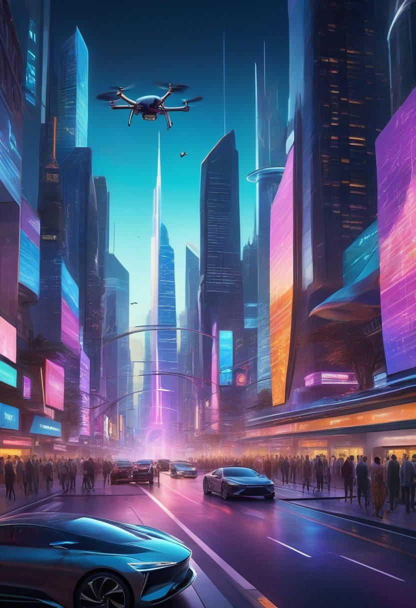 A futuristic cityscape showcasing diverse disruptive technologies like drones, electric vehicles, and solar panels. In the foreground, a group of innovative thinkers share ideas, surrounded by holographic displays of new inventions. The atmosphere reflects a blend of creativity and progress, with vibrant colors illuminating the scene. super-realistic. dynamic lighting.