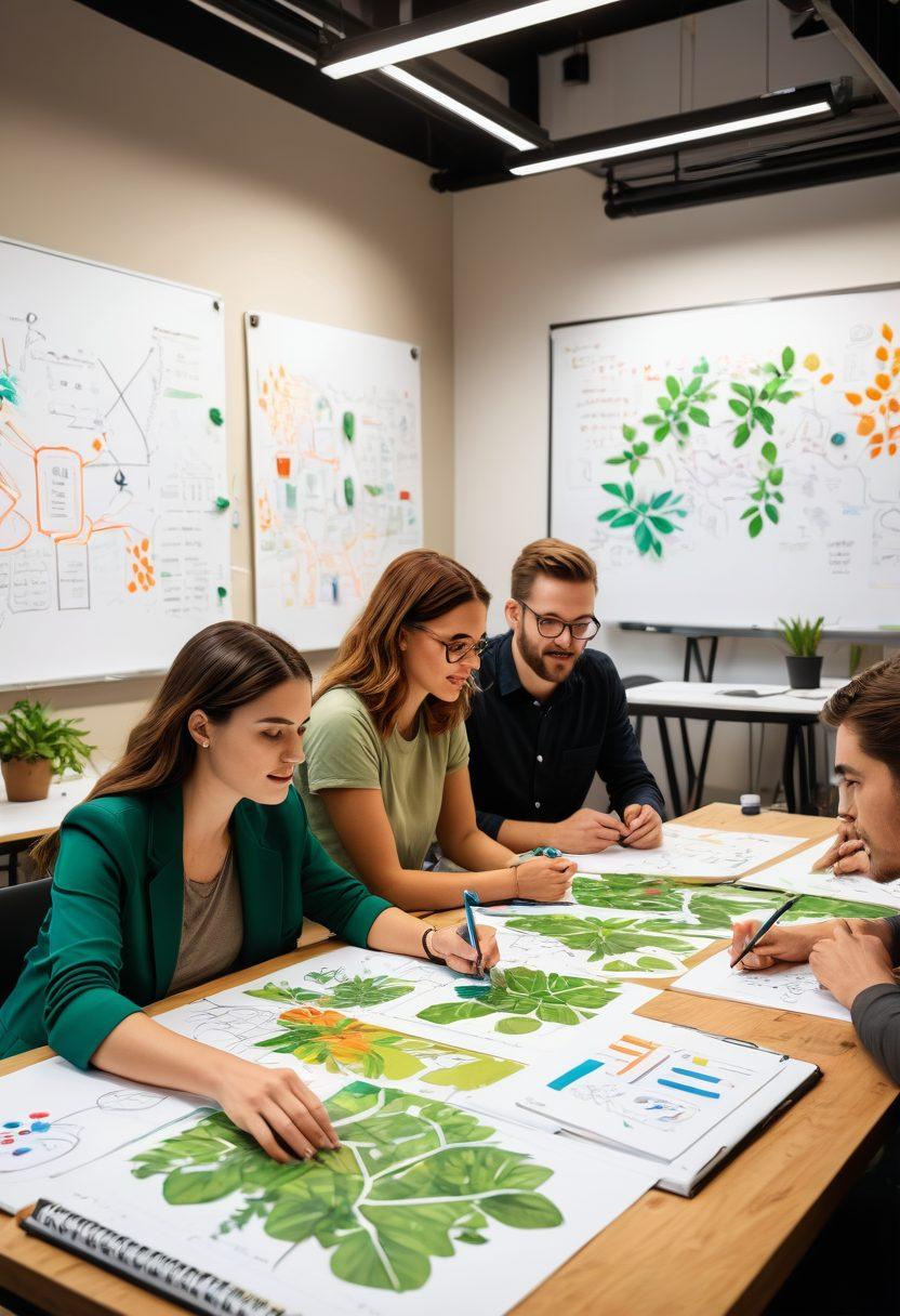 A dynamic workspace featuring diverse entrepreneurs brainstorming around a table filled with sketches and prototypes. In the background, a large whiteboard displays colorful diagrams representing innovative ideas. The atmosphere is vibrant and energetic, with warm lighting and green plants adding life to the space. Emphasize collaboration and creativity through diverse expressions on the individuals' faces. super-realistic. vibrant colors. modern design.